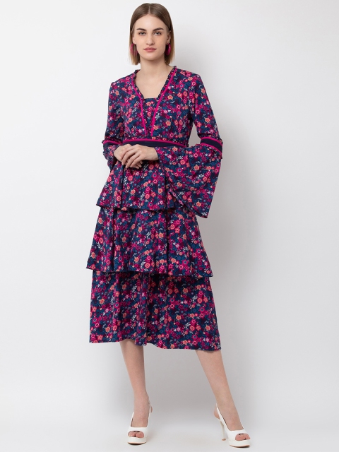 

DODO & MOA Women Green & Pink Floral Print Fit and Flare Tiered Dress