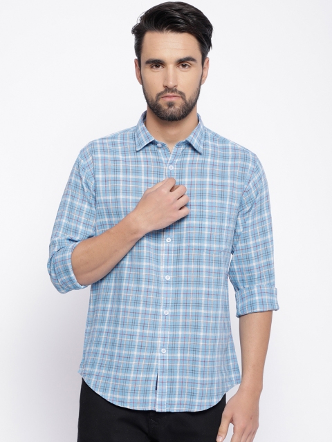

CAVALLO by Linen Club Men Cotton Linen Blue Regular Fit Checked Casual Shirt