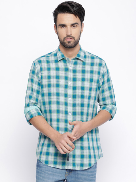 

CAVALLO by Linen Club Men Cotton Linen Green & Off-White Regular Fit Checked Casual Shirt