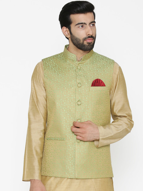 

Wintage Men Green Woven Design Nehru Jacket