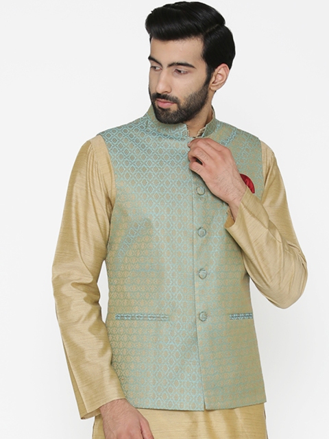 

Wintage Men Turquoise Blue Woven Design Nehru Jacket