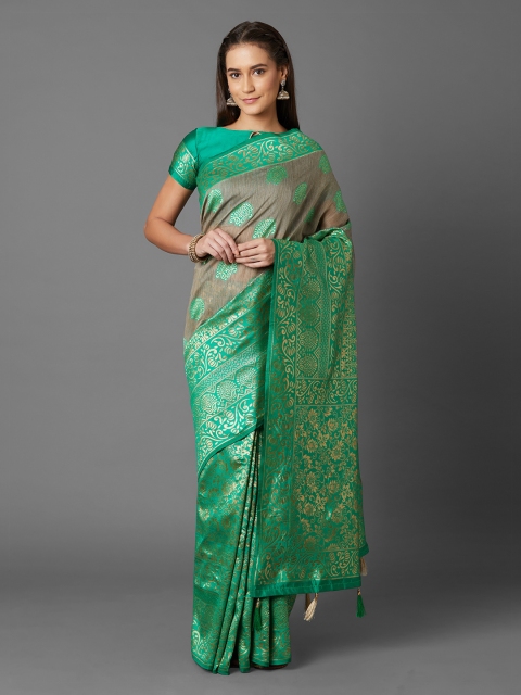 

Mitera Green & Grey Silk Blend Woven Design Kanjeevaram Saree