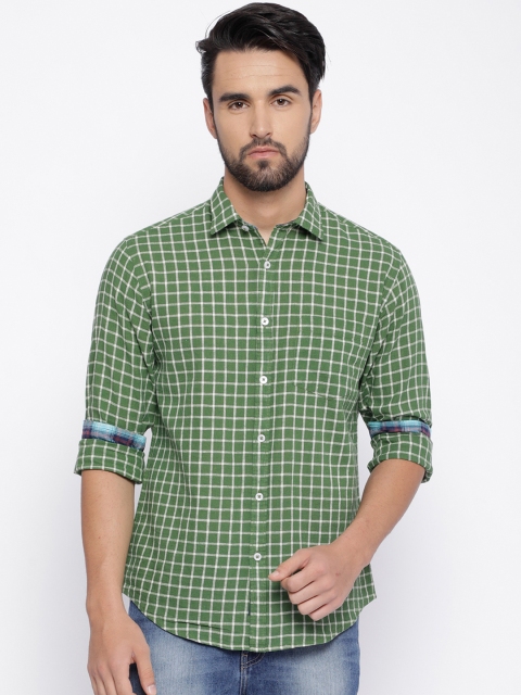 

CAVALLO by Linen Club Men Cotton Linen Green & White Regular Fit Checked Casual Shirt