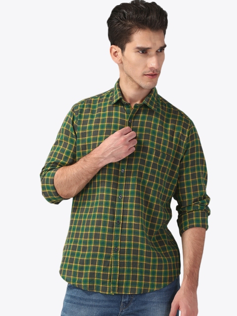 

CAVALLO by Linen Club Men Cotton Linen Green & Grey Regular Fit Checked Casual Shirt