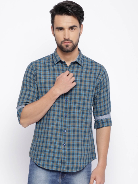 

CAVALLO by Linen Club Men Cotton Linen Blue Regular Fit Checked Casual Shirt