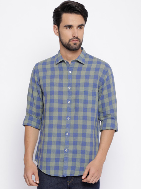 

CAVALLO by Linen Club Men Cotton Linen Green & Blue Regular Fit Checked Casual Shirt
