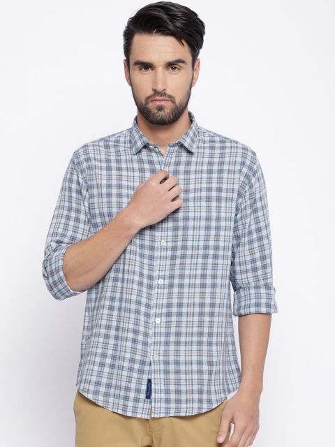 

CAVALLO by Linen Club Men Cotton Linen Blue Regular Fit Checked Casual Shirt