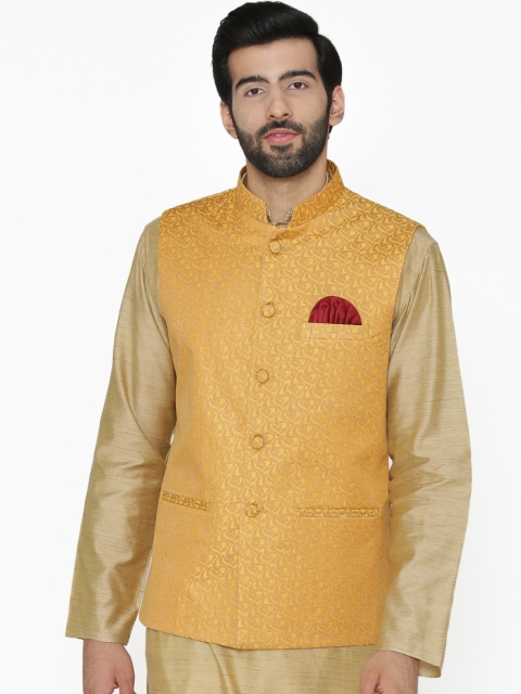 

Wintage Men Yellow Woven Design Nehru Jacket