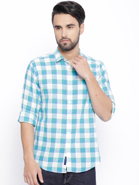 

CAVALLO by Linen Club Men Cotton Linen Green & White Regular Fit Checked Casual Shirt