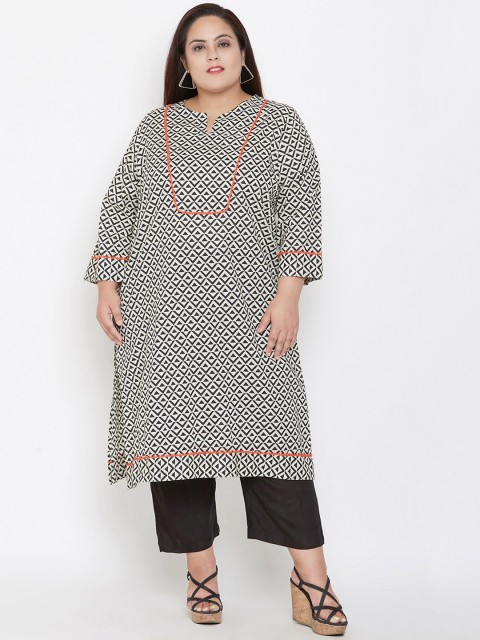 NuBella Plus Size Women White Black Printed Straight Kurta