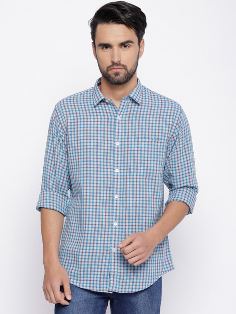 

CAVALLO by Linen Club Men Cotton Linen Blue & Off-White Regular Fit Checked Casual Shirt