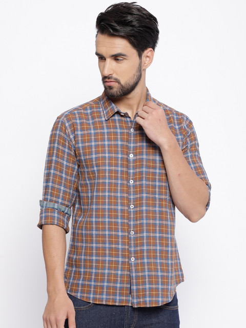 

CAVALLO by Linen Club Men Cotton Linen Brown & Blue Regular Fit Checked Casual Shirt