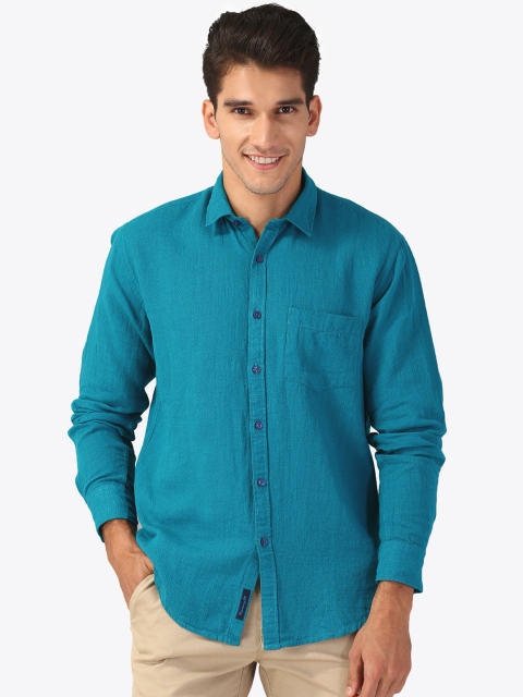 

CAVALLO by Linen Club Men Blue Regular Fit Self Design Casual Linen Shirt