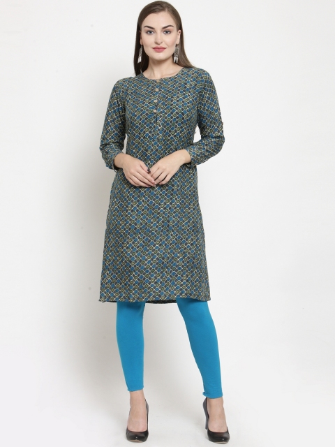 

Purplicious Women Green & Blue Printed Straight Kurta