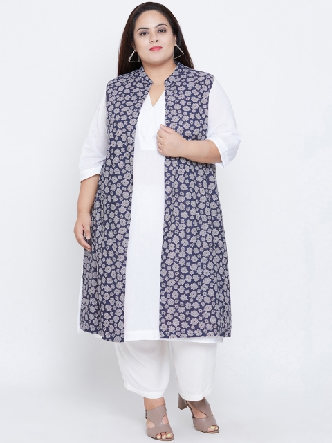 

NuBella Plus Size Women Navy Blue Printed Open Front Ethnic Jacket