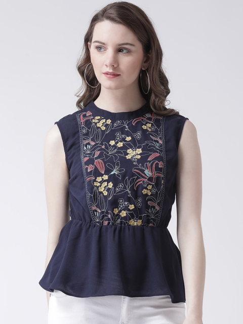 

Leo Sansini Women Navy Blue Floral Embroidered Cinched Waist Top