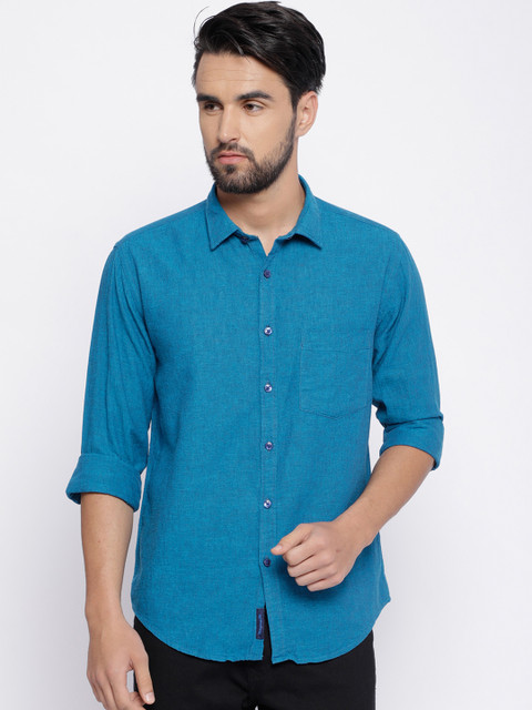

CAVALLO by Linen Club Men Cotton Linen Blue Regular Fit Solid Casual Shirt