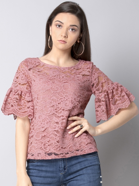 

FabAlley Women Pink Self Design Flared Sleeve Lace Top