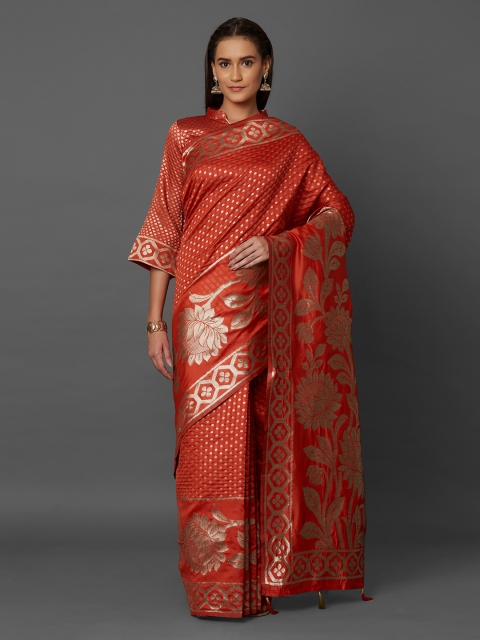 

Mitera Orange & Gold-Coloured Silk Blend Woven Design Kanjeevaram Saree