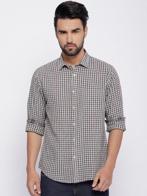 

CAVALLO by Linen Club Men Cotton Linen Grey & Red Regular Fit Checked Casual Shirt