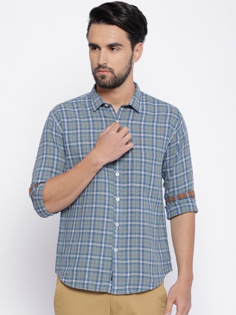 

CAVALLO by Linen Club Men Cotton Linen Green Regular Fit Checked Casual Shirt