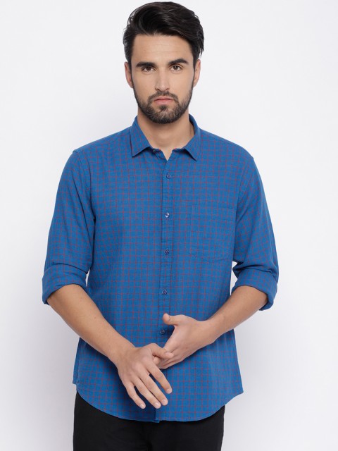 

CAVALLO by Linen Club Men Cotton Linen Blue Regular Fit Checked Casual Shirt