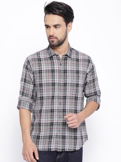 

CAVALLO by Linen Club Men Cotton Linen Grey & Pink Regular Fit Checked Casual Shirt