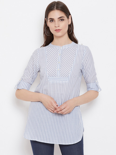 

Ruhaans Women White Striped Shirt Style Pure Cotton Top