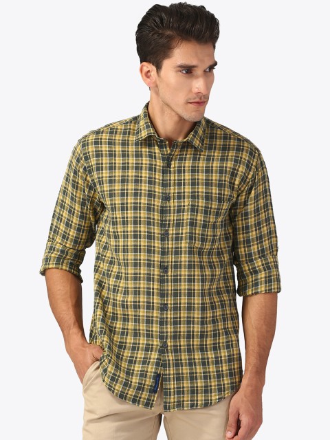

CAVALLO by Linen Club Men Cotton Linen Green & Yellow Regular Fit Checked Casual Shirt
