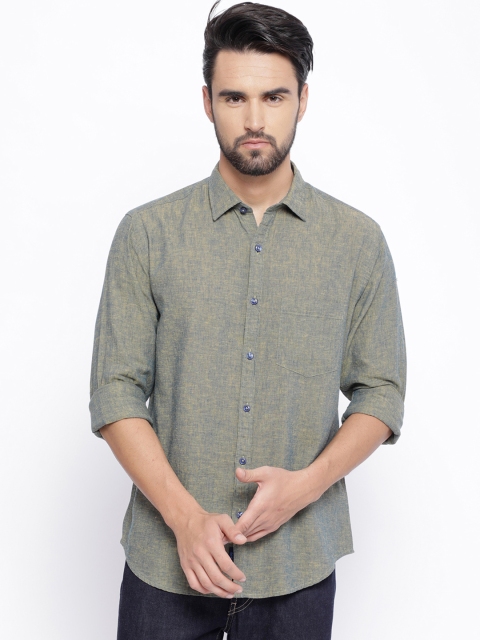 

CAVALLO by Linen Club Men Cotton Linen Blue & Green Regular Fit Solid Casual Shirt