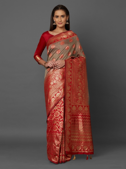 

Mitera Red & Grey Silk Blend Woven Design Kanjeevaram Saree