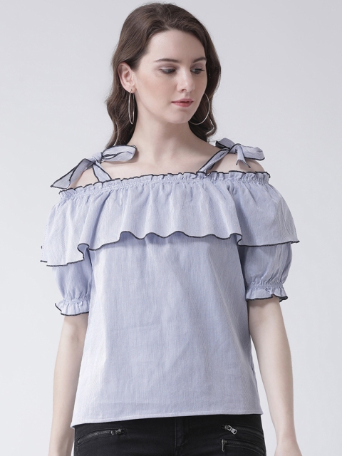 

Leo Sansini Women Blue & White Striped Bardot Pure Cotton Top
