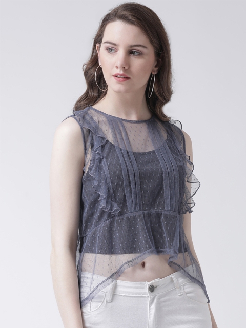 

Leo Sansini Women Blue Dobby Mesh High-Low Ruffled Top