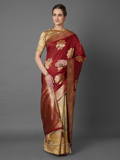 

Mitera Maroon & Beige Silk Blend Woven Design Kanjeevaram Saree
