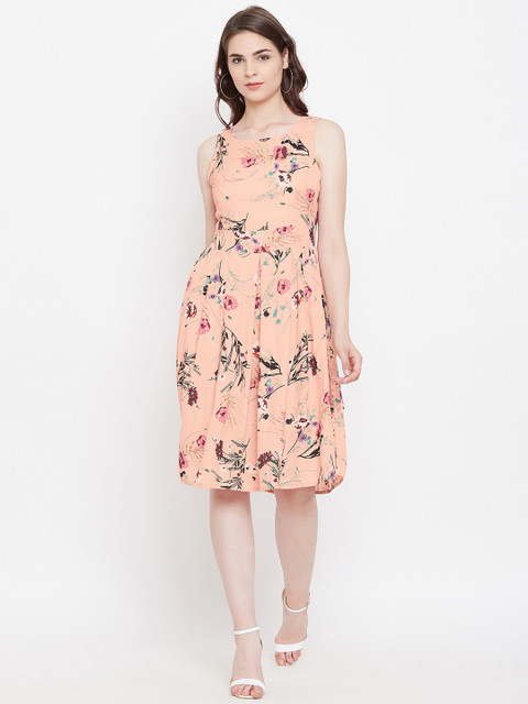 

Ruhaans Women Peach-Coloured Floral Print Fit and Flare Dress
