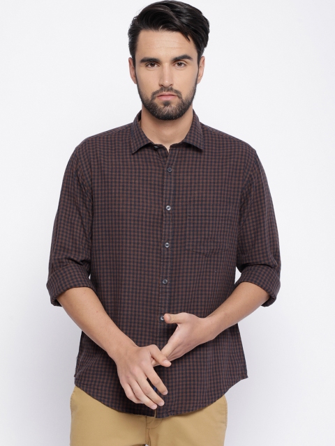 

CAVALLO by Linen Club Men Cotton Linen Blue & Brown Regular Fit Checked Casual Shirt