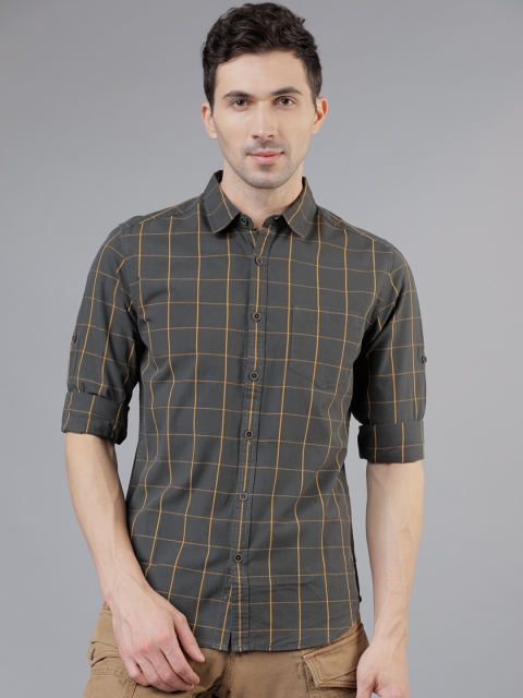 Men Olive Brown & Mustard Yellow Slim Fit Checked Casual Shirt