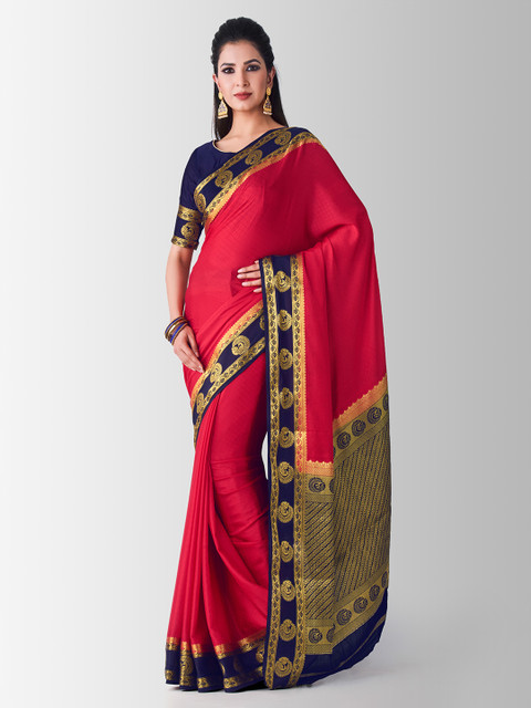 

MIMOSA Coral Red & Blue Poly Crepe Woven Design Kanjeevaram Saree