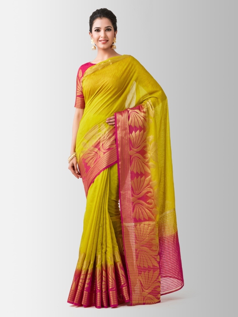 

MIMOSA Yellow & Pink Linen Blend Woven Design Kanjeevaram Saree