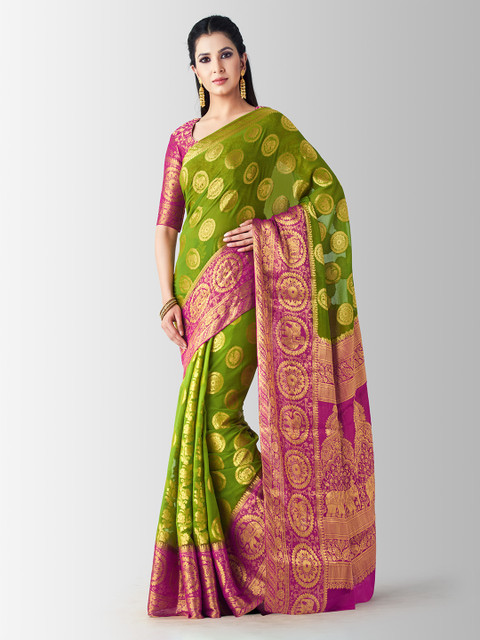 

MIMOSA Green & Pink Poly Chiffon Woven Design Kanjeevaram Saree