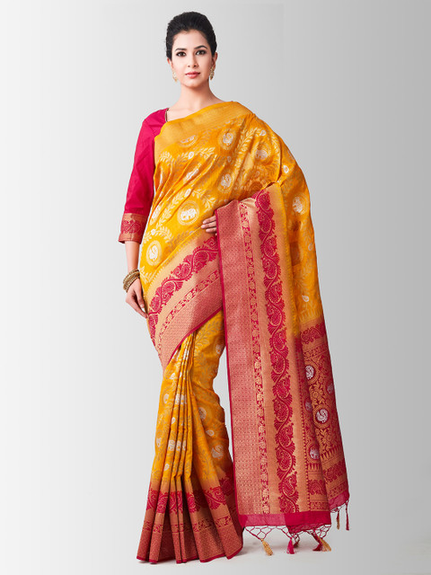 

MIMOSA Mustard Yellow & Pink Art Silk Woven Design Kanjeevaram Saree