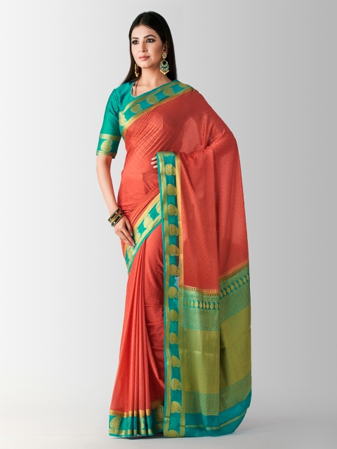 

MIMOSA Orange & Sea Green Poly Crepe Woven Design Kanjeevaram Saree