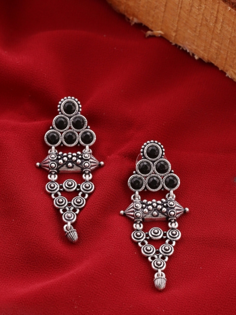 

Voylla Silver-Toned & Black Classic Drop Earrings