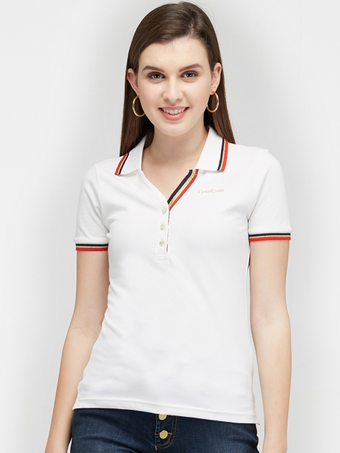 

bebe Women White Striped Polo Collar T-shirt