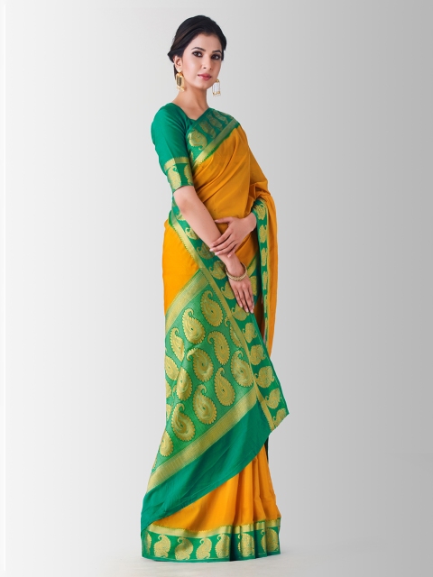 

MIMOSA Mustard & Green Poly Crepe Woven Design Kanjeevaram Saree