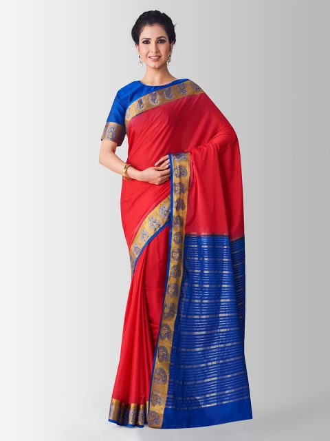 

MIMOSA Red & Blue Poly Crepe Solid Kanjeevaram Saree