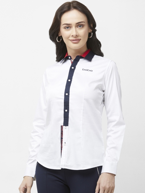 

bebe Women White & Blue Regular Fit Printed Casual Shirt