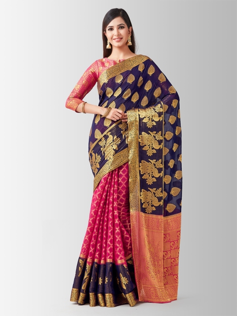 

MIMOSA Navy Blue & Pink Poly Chiffon Woven Design Kanjeevaram Saree