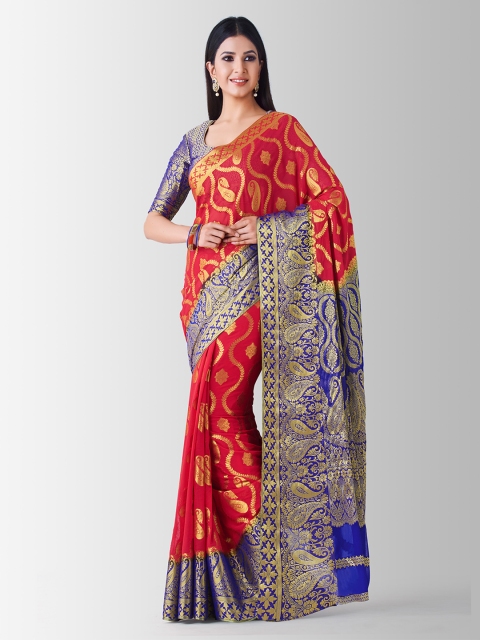 

MIMOSA Red & Blue Poly Chiffon Woven Design Kanjeevaram Saree