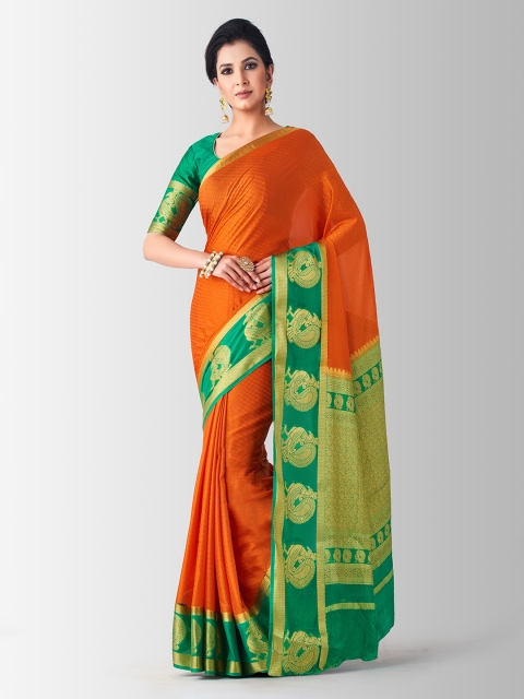 

MIMOSA Orange & Green Poly Crepe Solid Kanjeevaram Saree